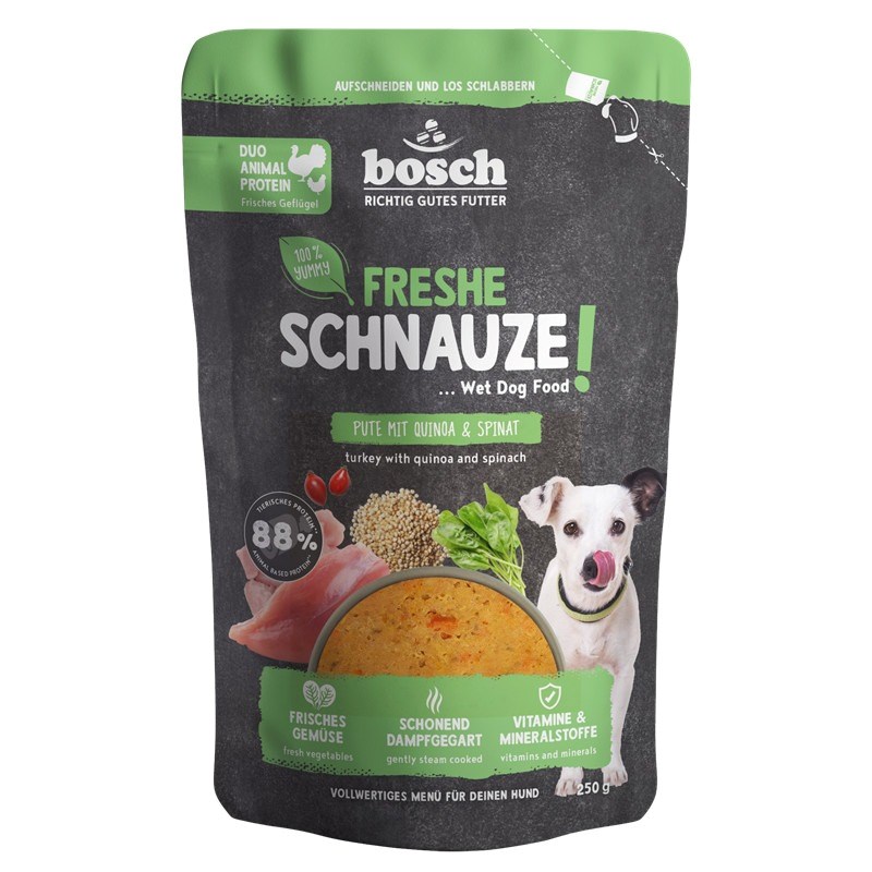 BOC BOSCH Freshe Schnauze puran, kvinoja in špinača - mokra pasja hrana - 250g