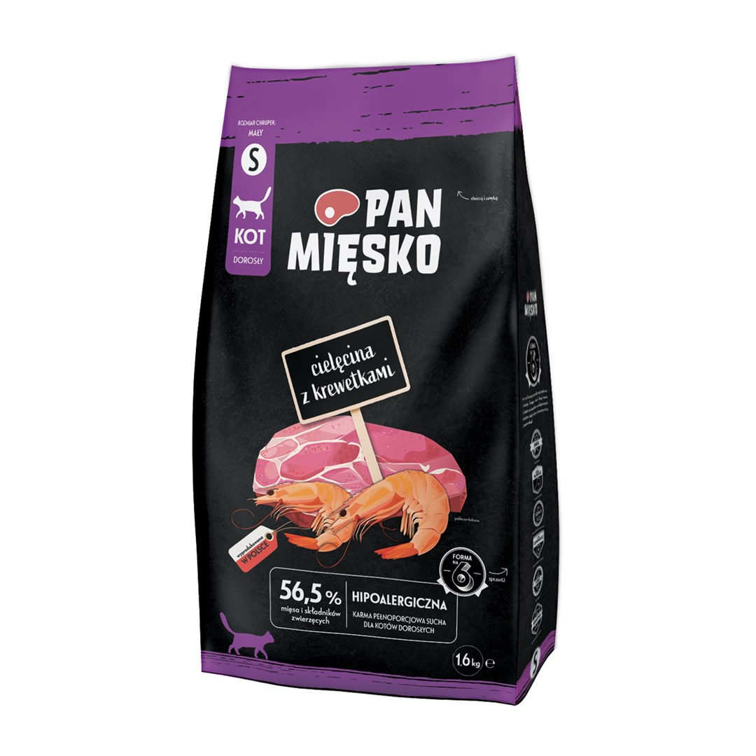 PAN MIĘSKO Teletina z rakci, suha hrana za odrasle mačke, 1.6 kg