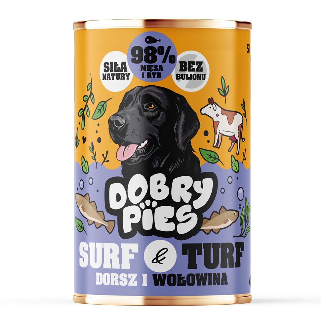 DOBRY PIES mokra hrana za pse Surf & Turf, losos in govedina, 400g