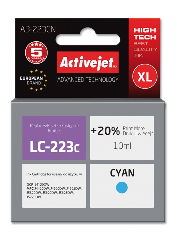 Aptel črnila Activejet AB-223CN (nadomestilo za Brother LC223C) - cian, 10 ml