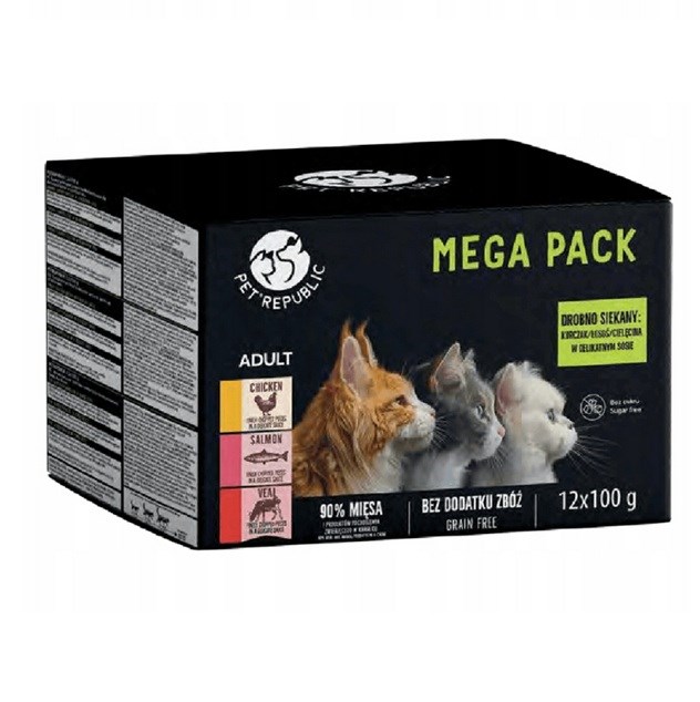 PETREPUBLIC Mega Pack Piščanec, losos, teletina, mokra hrana za mačke, 12x100g