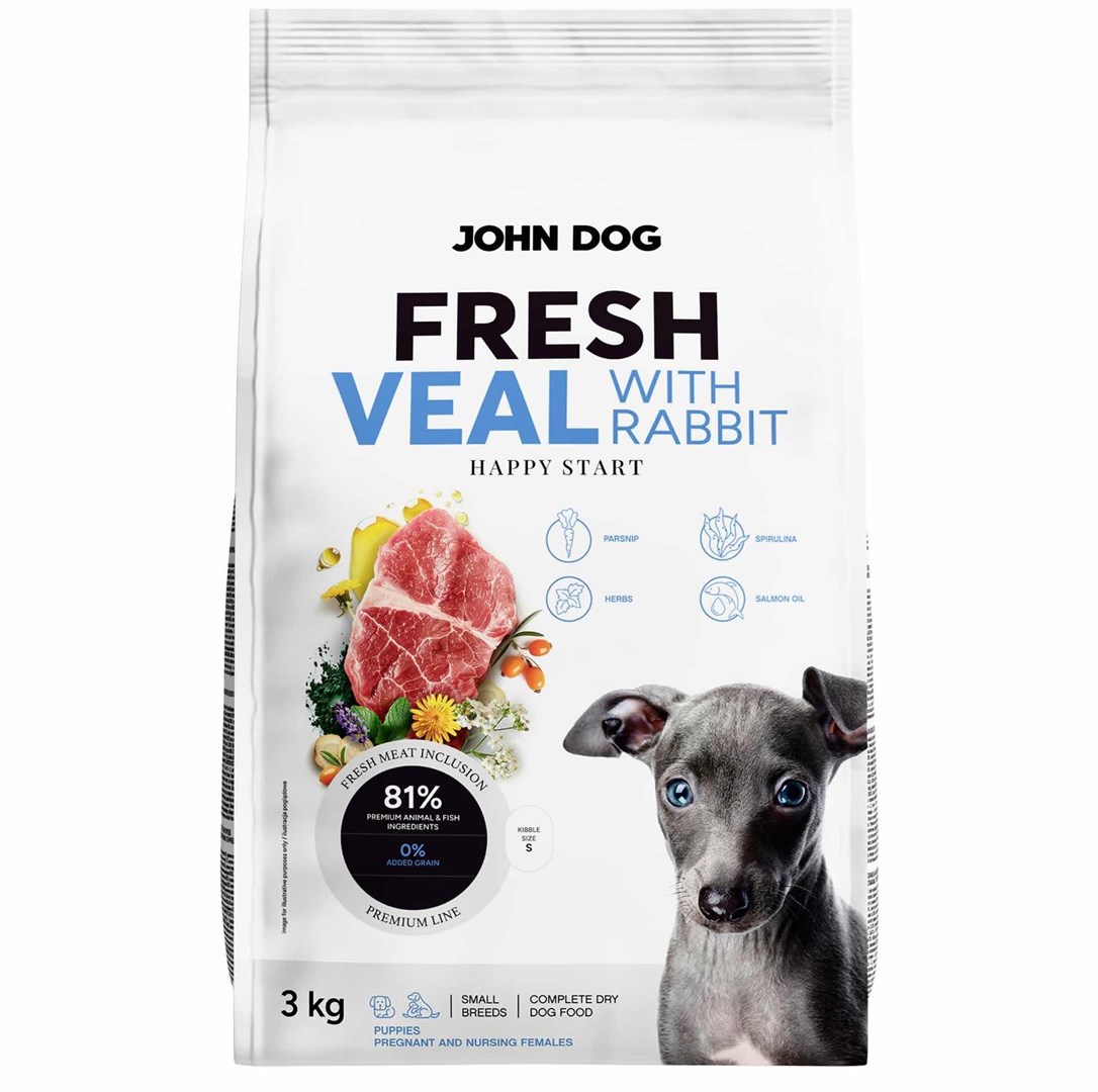 JOHN DOG Fresh Junior Small breeds teletina z zajcem - suha hrana za pse 3kg
