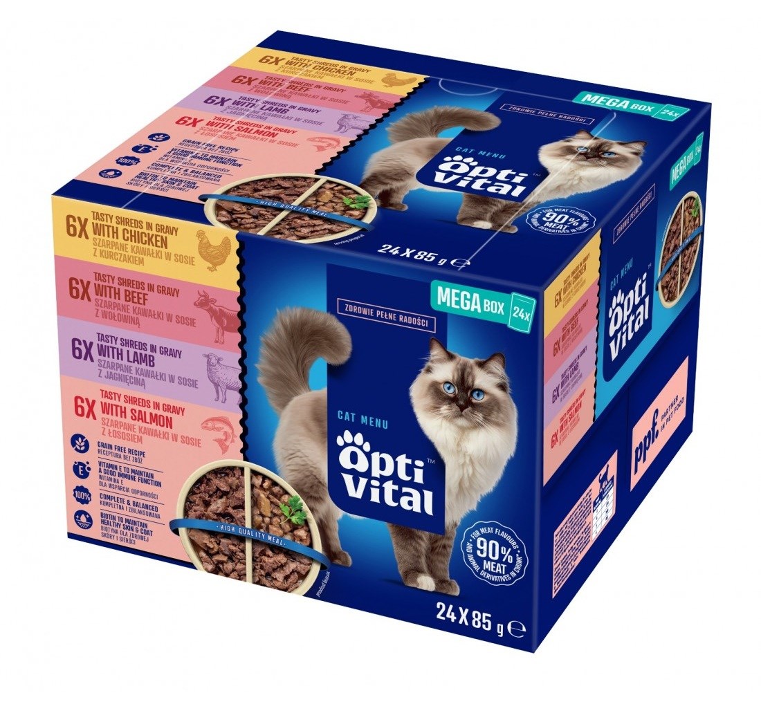 OPTIVITAL Box mešanica okusov (piščanec, govedina, jagnjetina, losos) - mokra hrana za mačke - 24x85g