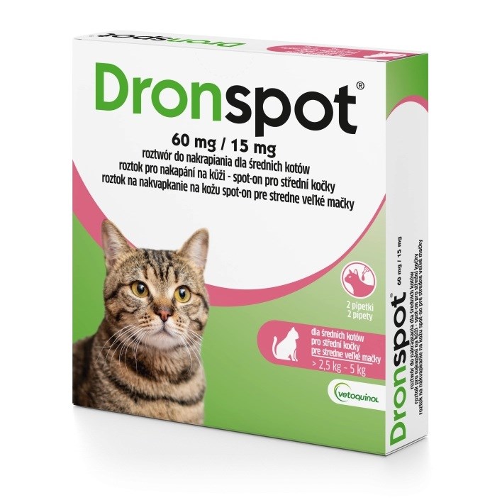 VETOQUINOL Dronspot (2,5-5kg) - kapljice za razglistenje mačk - 2x0,7ml