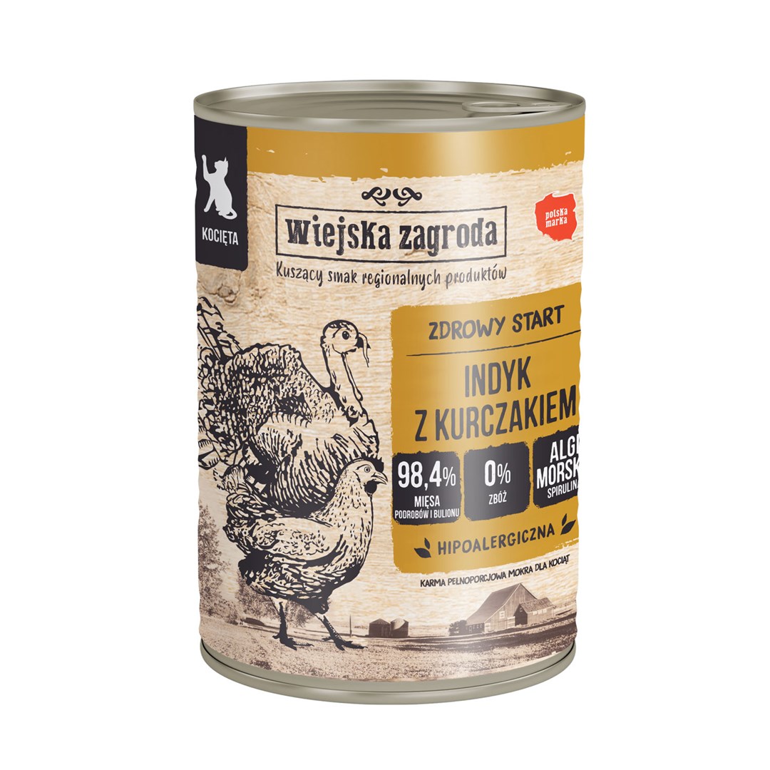 WIEJSKA ZAGRODA Mokra hrana za mačke – Purana s piščancem, 400g