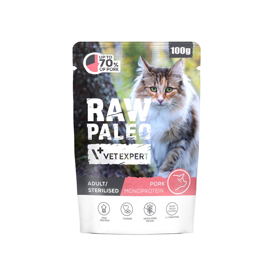 Vlažna hrana za mačke VETEXPERT Raw Paleo Adult Sterilised Pork - 100g