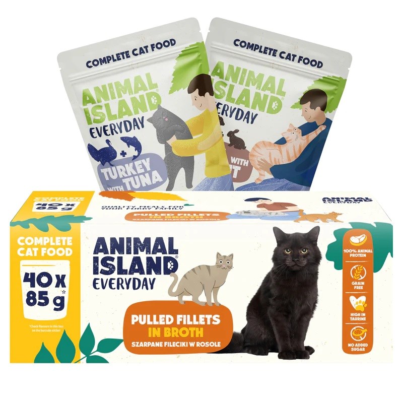 ANIMAL ISLAND Everyday Mokra hrana za mačke, Puranjka s tuno in telečja s kunca, 40x85g