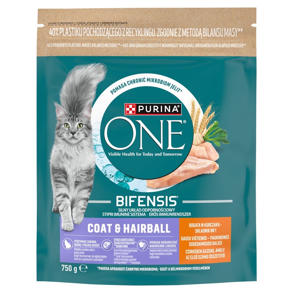 PURINA One Bifensis Coat & Hairball - suha hrana za mačke z govedino - 750g