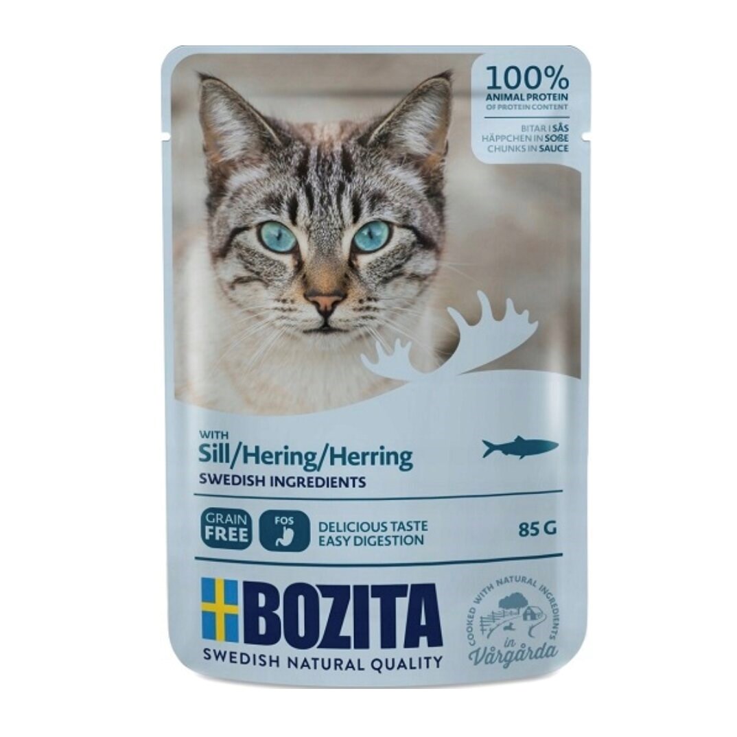 BOZITA Mesni koščki v omaki s haringo - mokra hrana za mačke - 85 g
