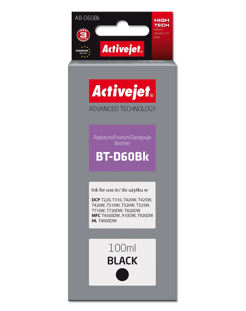 Activejet AB-D60Bk črna barvna steklenička (nadomestna za Brother BT-D60Bk)