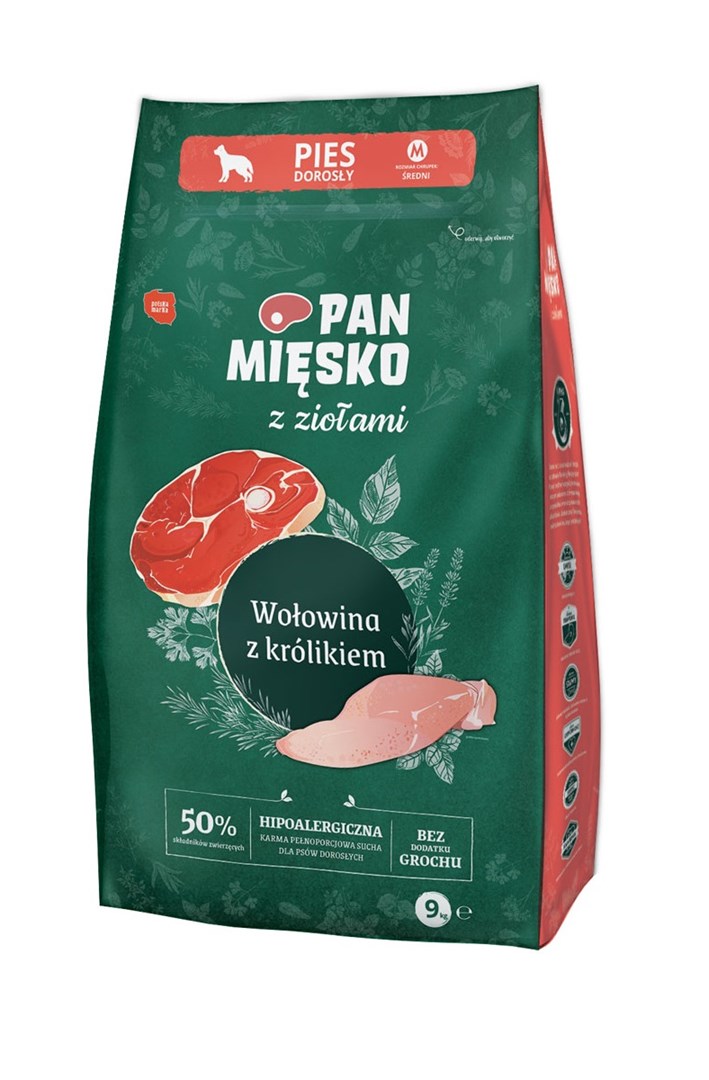 PAN MIĘSKO z zelišči govedina kunec M - suha pasja hrana - 9kg