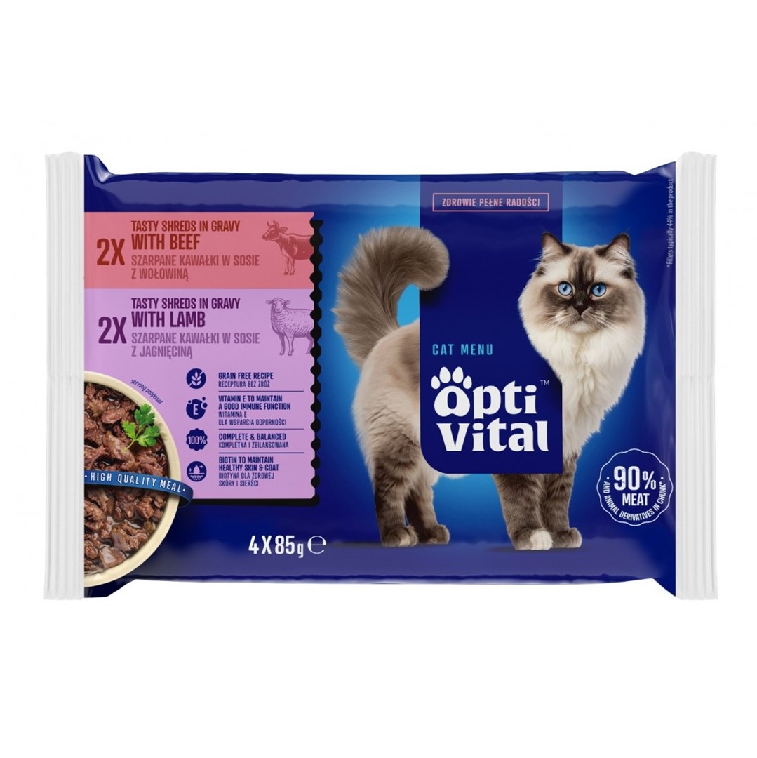 OPTIVITAL mokra hrana za mačke, jagnjetina in govedina, 4x85g