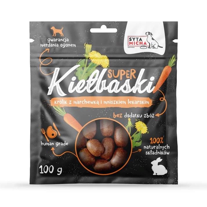 SYTA MICHA Great sausages z zajcem, korenčkom in regratom - pasja poslastica - 100g