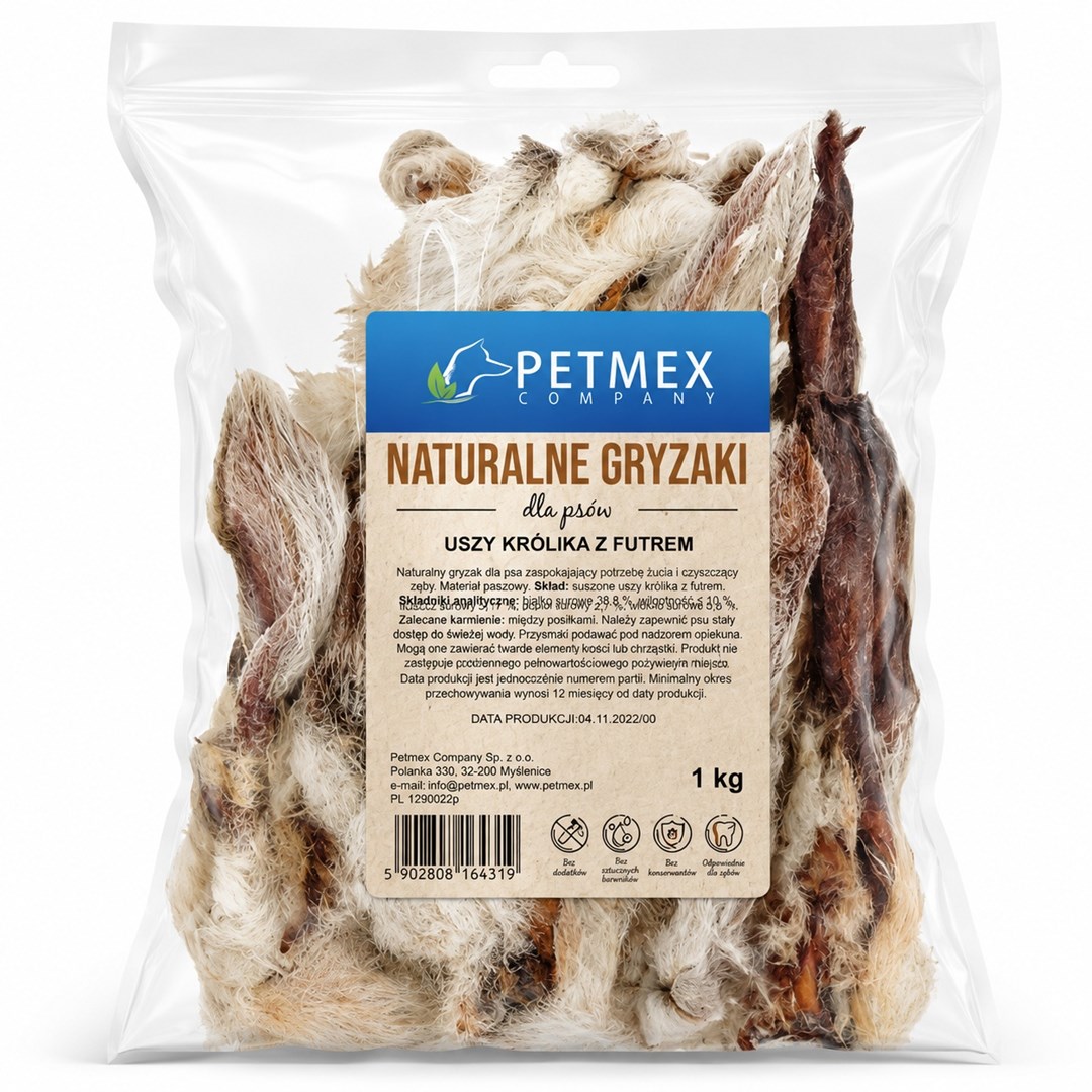 PETMEX pasje priboljški - kunčje ušesa z naravno dlako, 1kg