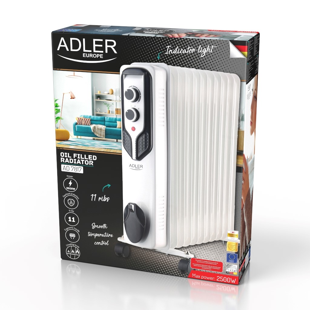 Adler AD 7817 oljni grelnik, 11 reber, 2500W, črn/bel
