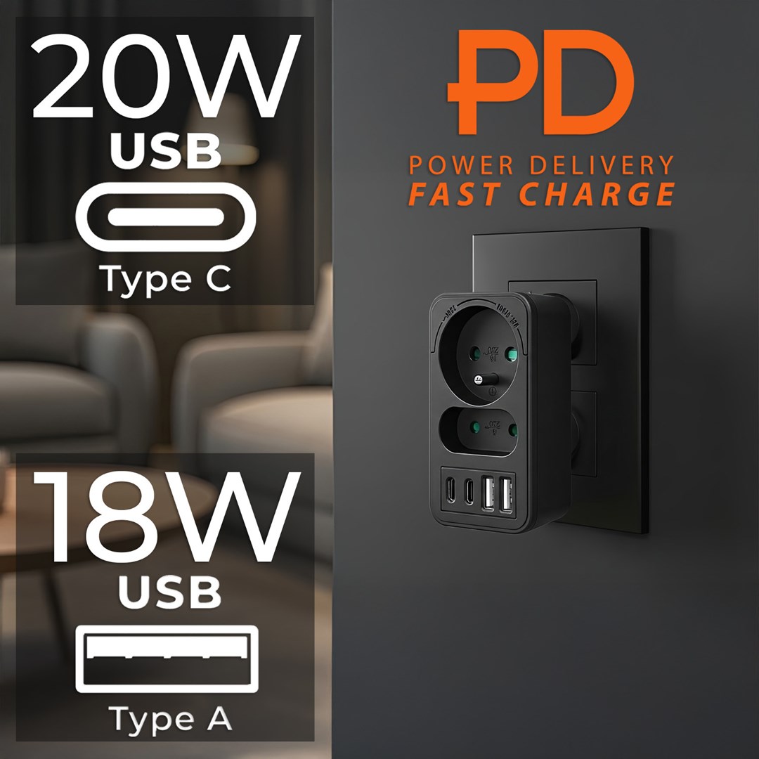 MCN MCE249 F/B Razdelilec toka z 2 vtičnicama in 4xUSB (2xUSB-A, 2xUSB-C PD 20W)