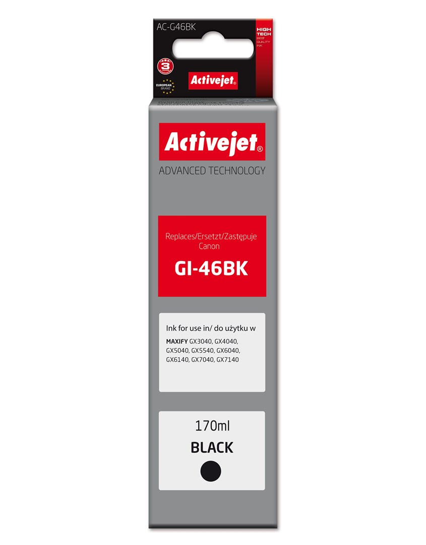 Tiskalniška kartuša Activejet AC-G46BK za Canon, nadomestna GI-46BK, 170ml, črna
