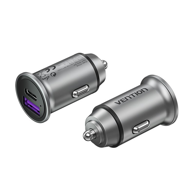 Vention Dvoportni USB A+A (30+30W) avtomobilski polnilnik, siv, Mini stil, aluminijeva zlitina