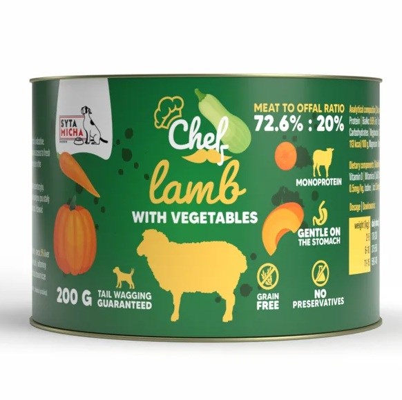 Vlažna pasja hrana SMH SYTA MICHA Chef Jagnjetina z zelenjavo Mono - 200 g