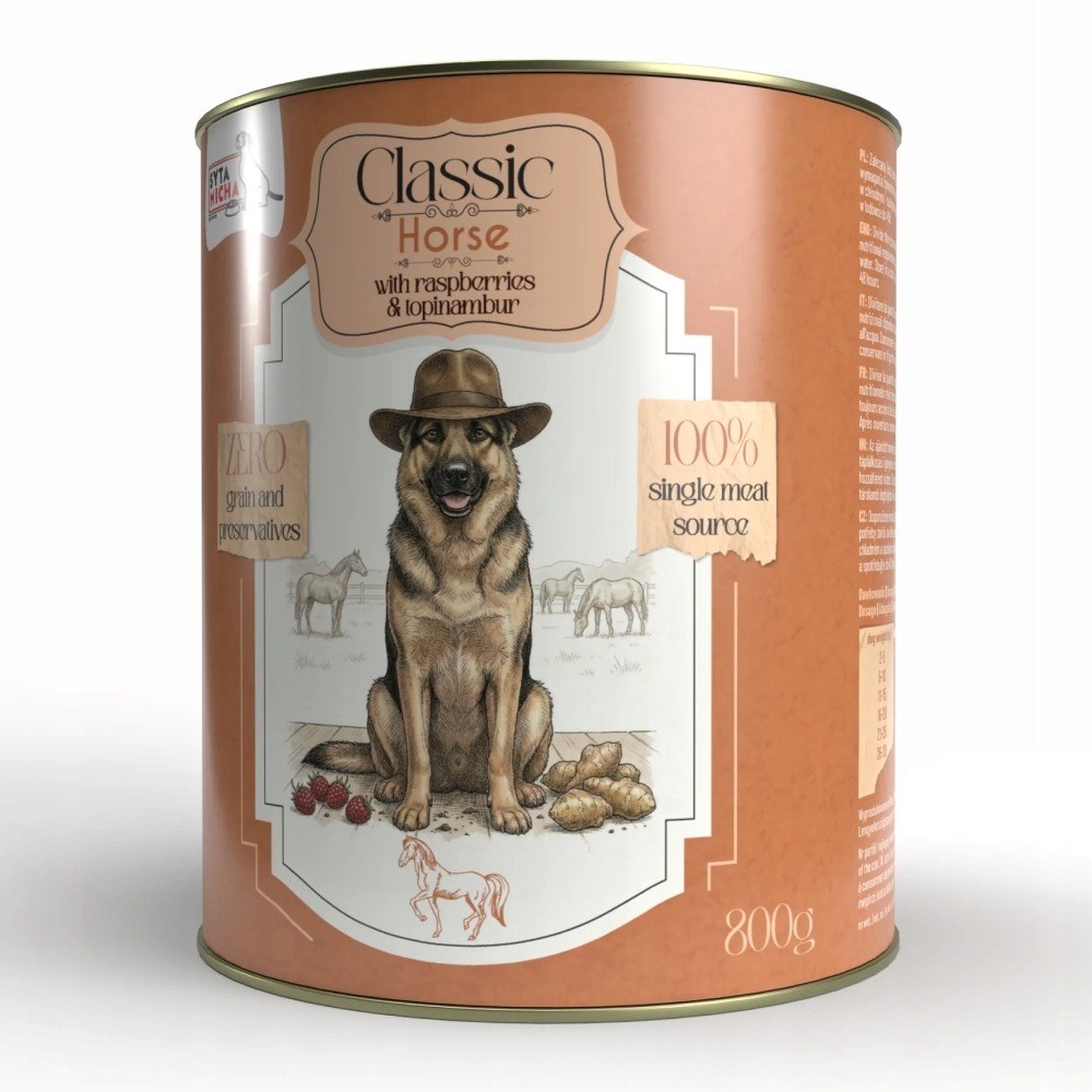 Vlažna pasja hrana SMH SYTA MICHA Classic Mono Konj z malinami in jeruzalemsko artičoko - 800 g