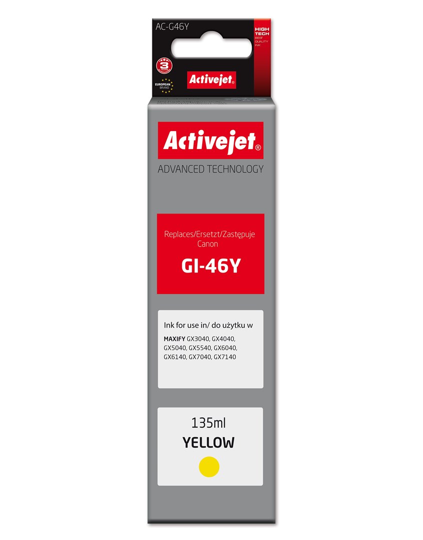 Tiskalniška kartuša Activejet AC-G46Y za Canon, nadomestna GI-46Y, 135ml, rumena