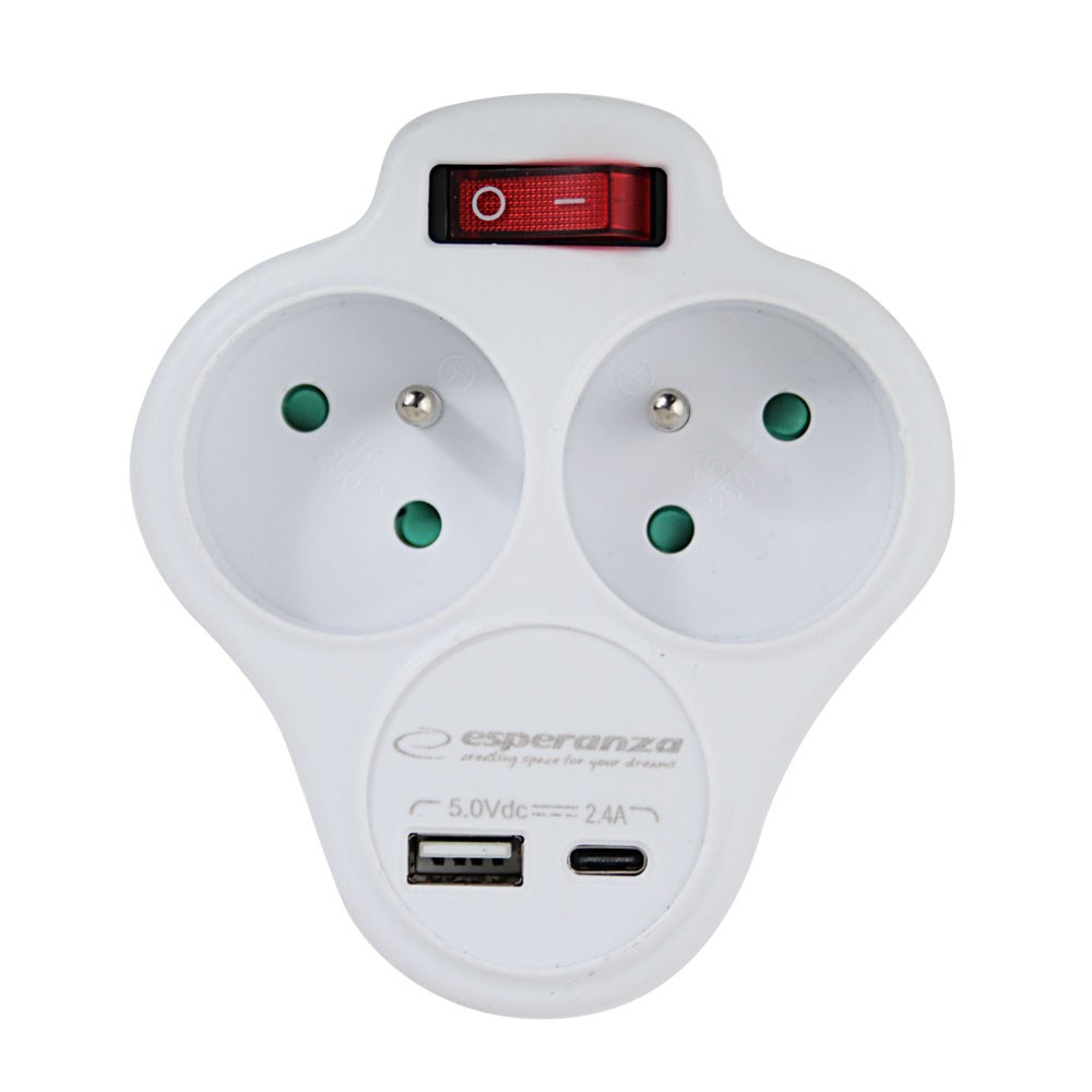 Razdelilec Esperanza ELK311W z 2 vtičnicama GN, USB-C, USB-A, bel