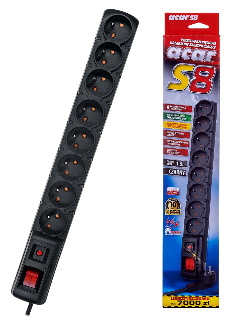 ACA produžni kabel S8, 8 utičnica, 1,5m, crni