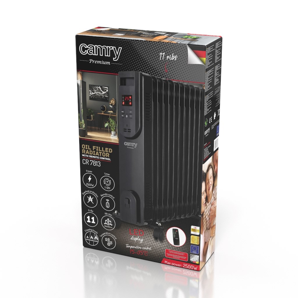 Camry CR 7813 oljni grelnik, 11 reber, 2400W, LED zaslon, črn