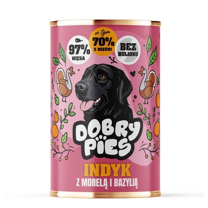 DOBRY PIES mokra hrana za pse, puran z marelico in baziliko, 400g