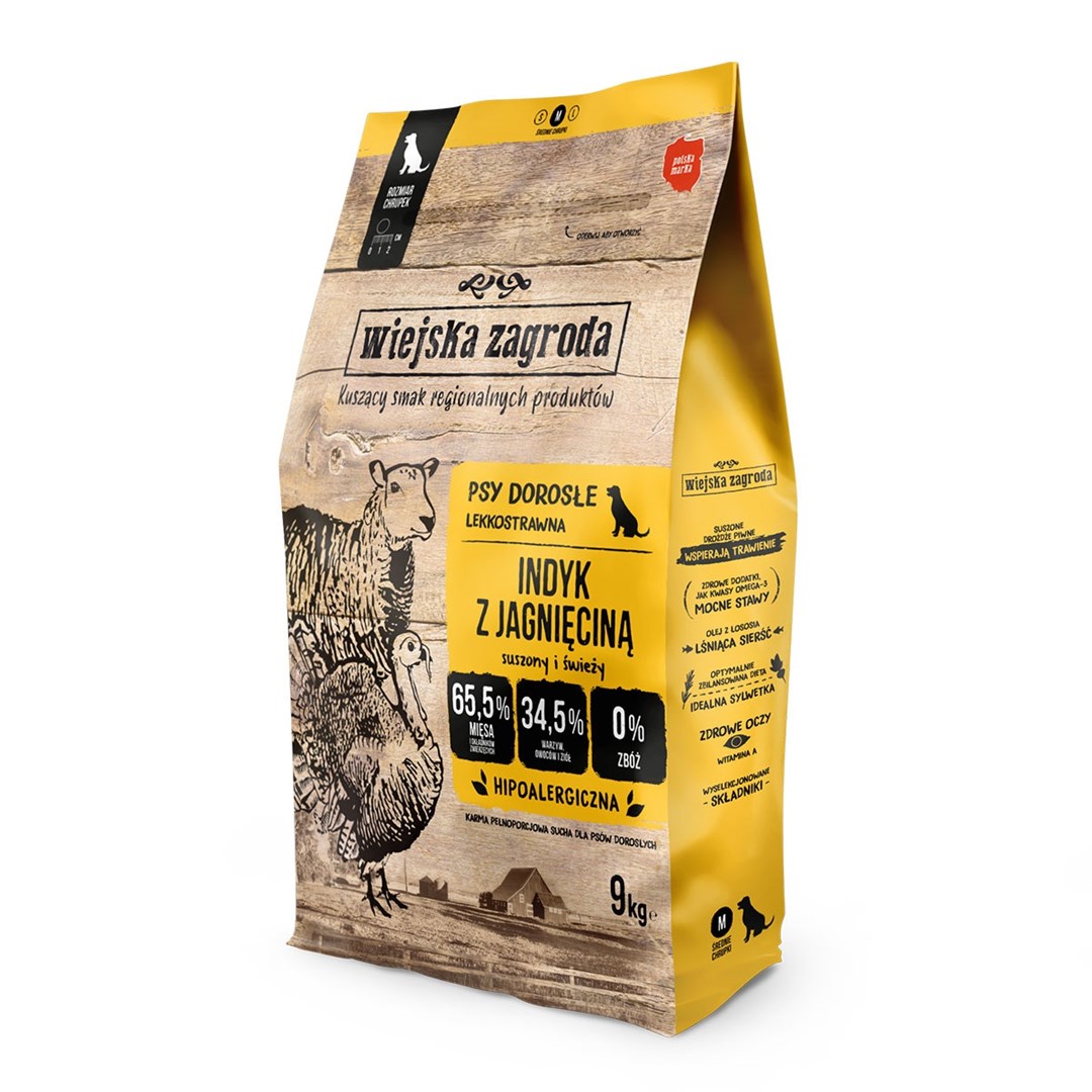 WIEJSKA ZAGRODA briketi za pse, puran z jagnjetino, 9 kg