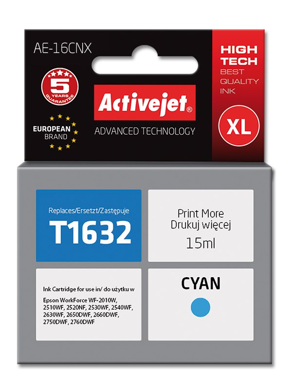 Activejet Črni Tiskalni Vložek AE-16CNX (za Epson 16XL T1632; Tiskalna Barva: Cyan; 15 ml)