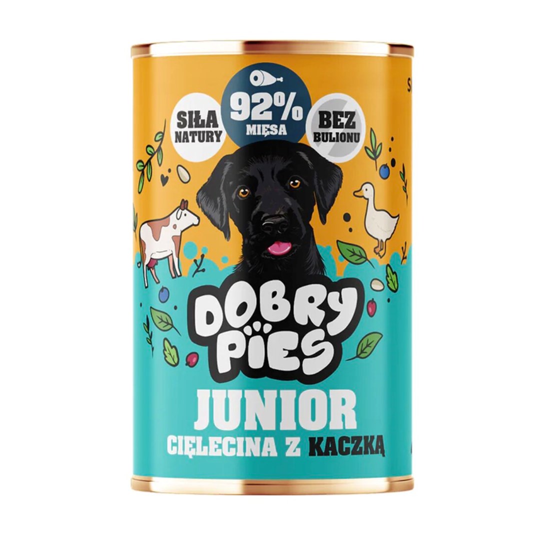 DOBRY PIES Junior Govedina z račjo, mokra hrana za mladiče, 400g