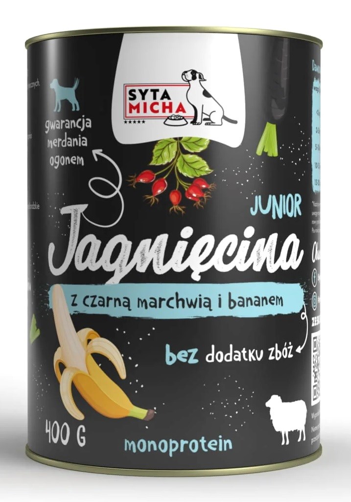 SYTA MICHA Junior Jagnjetina s črno korenico in banano - mokra hrana za pse - 400g