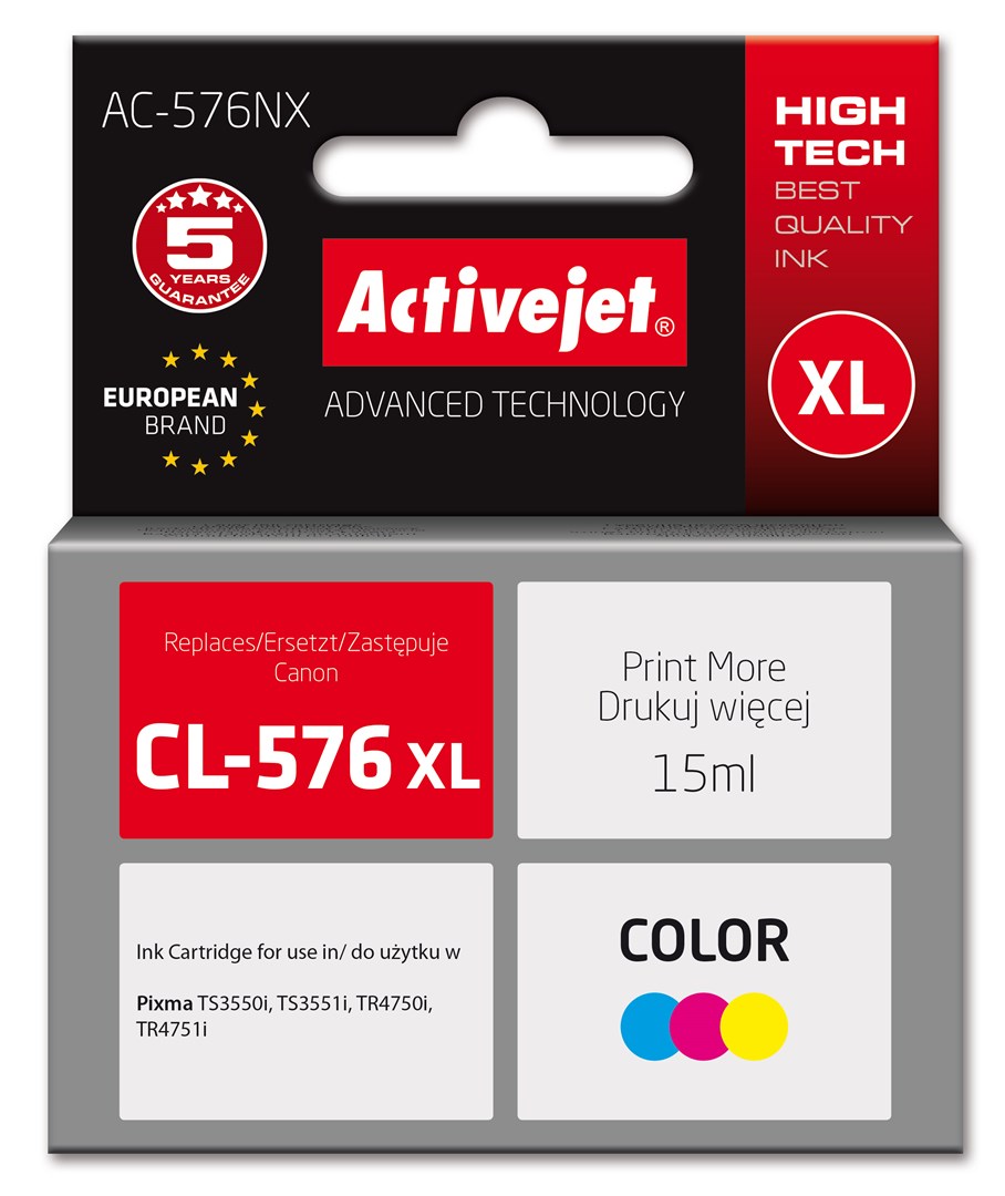 Nadomestna črnila ACJ Supreme za Canon CL-576XL, 15 ml, modra/rdeča/rumena