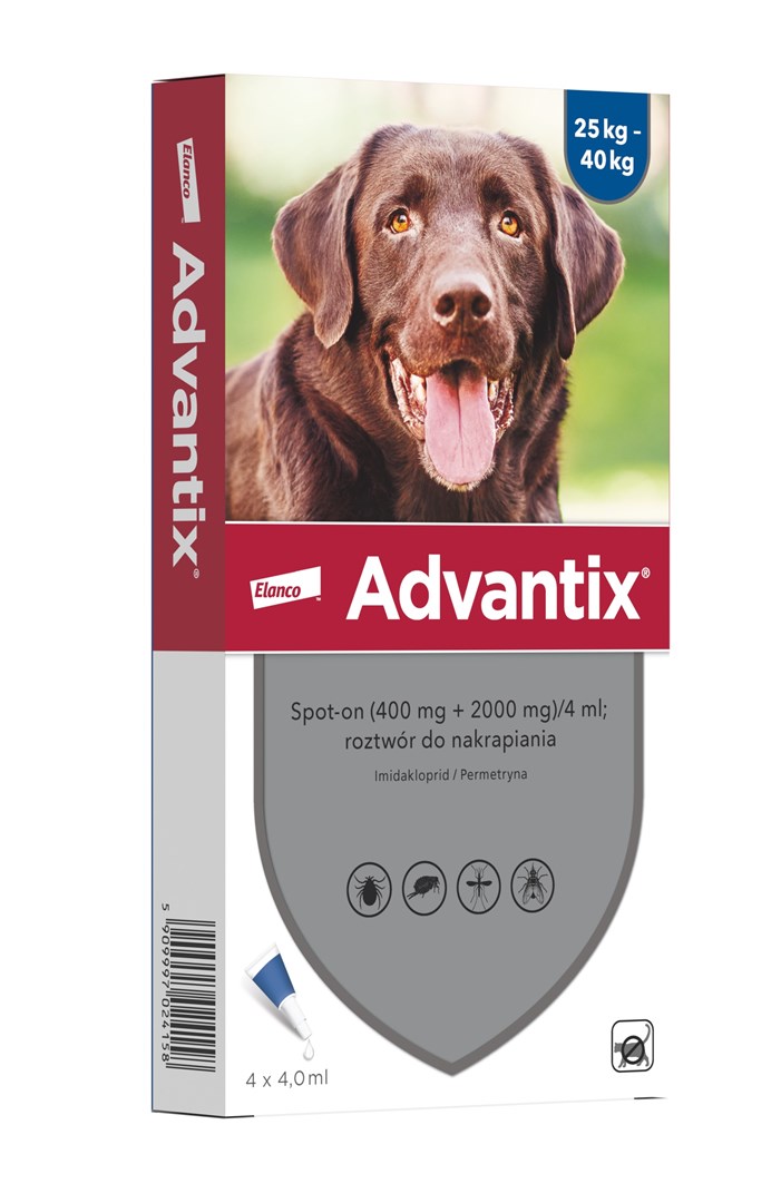 Advantix® S Kapi za pse L (25-45 kg) - Zaščita proti klopom in bolham - 4 x 4 ml