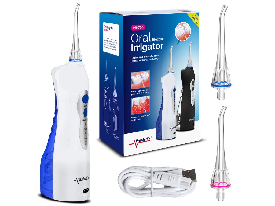 Brezžični ustni irigator Promedix PR-770W, 0,16 L, 2 nastavka, modro-bela barva, NiMH baterija, funkcija pavze