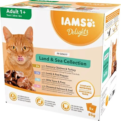 IAMS Delights Kopno & Morje v omaki - mokra hrana za mačke - 8 x 85 g