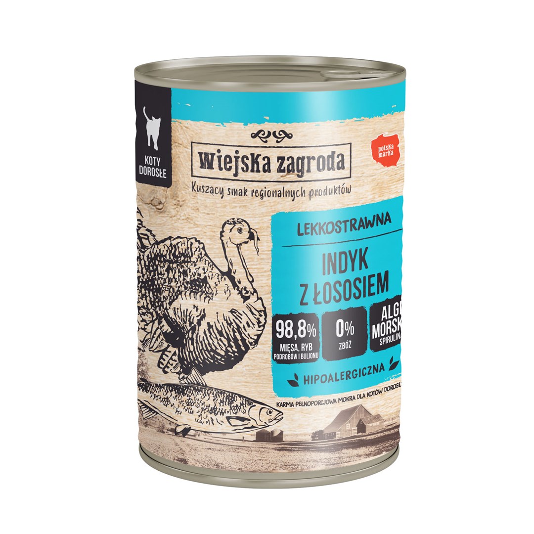 WIEJSKA ZAGRODA Mokra hrana za mačke, puran z lososom, 400 g