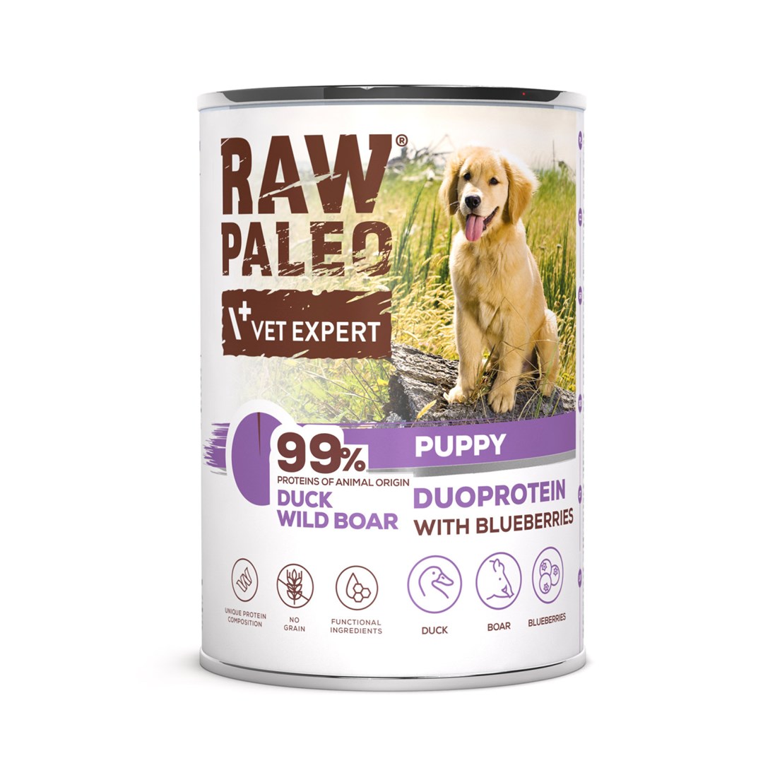 VETEXPERT Raw Paleo Duoprotein piščanec & račji pes – mokra hrana za mladiče, 400g