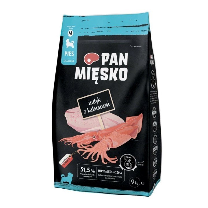 Suha pasja hrana PMI MIĘSKO Puranj z lignjem, za mladiče srednjih pasem (10-25 kg), 9 kg