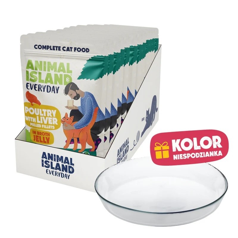 ANIMAL ISLAND mokra hrana za mačke, piščanec z jetri v omaki, 12x85g + krožnik