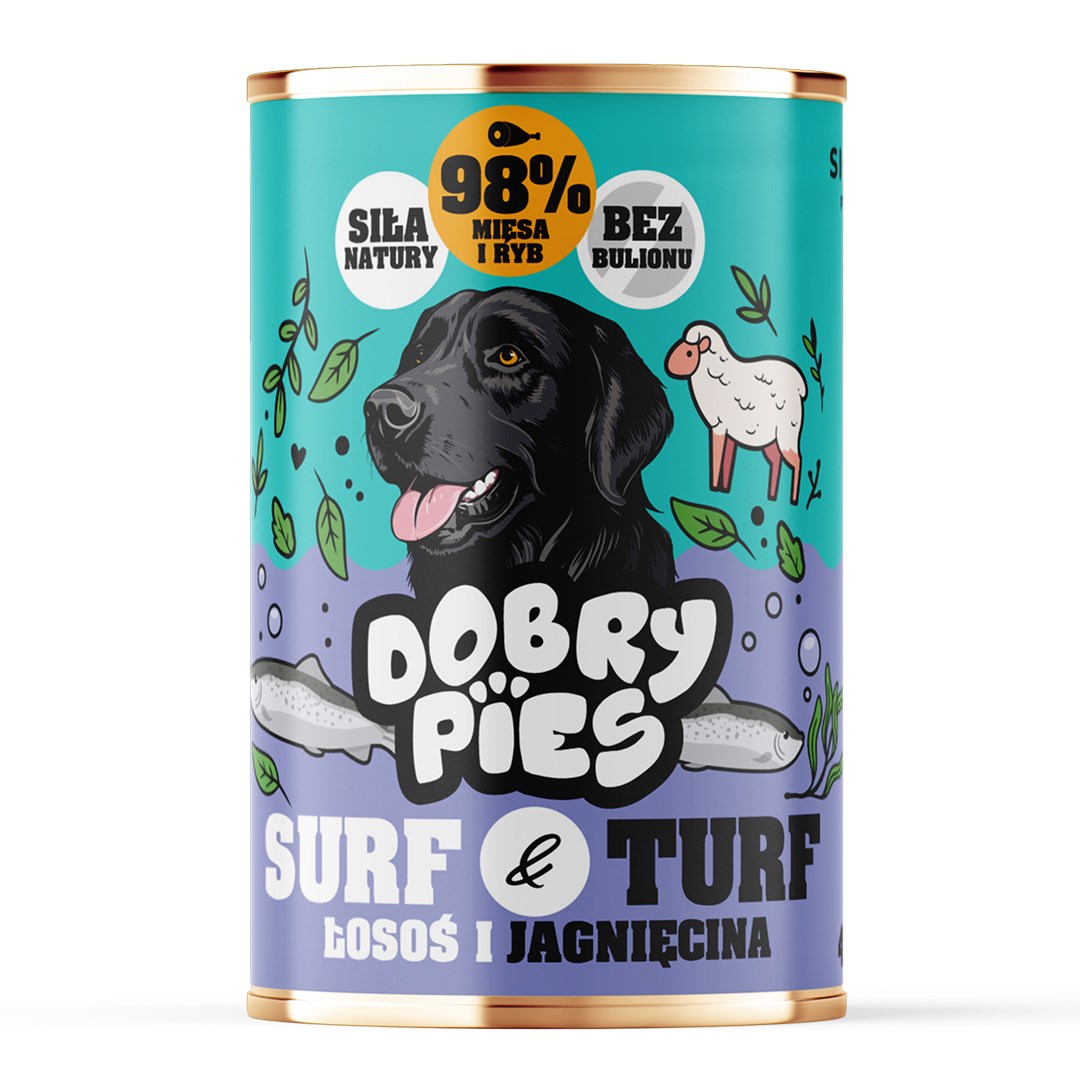 DOBRY PIES Surf & Turf Losos in jagnjetina - mokra hrana za pse, 400g