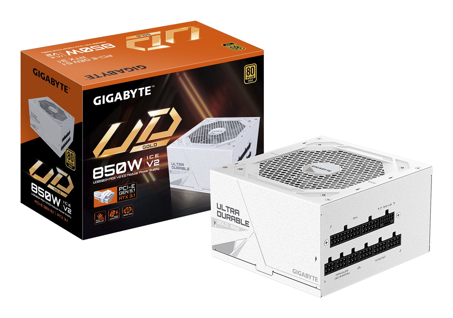 GIGABYTE UD850GM PG5 V2 ICE napajalnik 850W, 80 PLUS Gold, ATX 3.1, bel