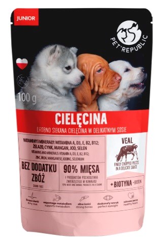 PET REPUBLIC Junior Fino seseklano telečje meso - mokra hrana za pse - 100 g