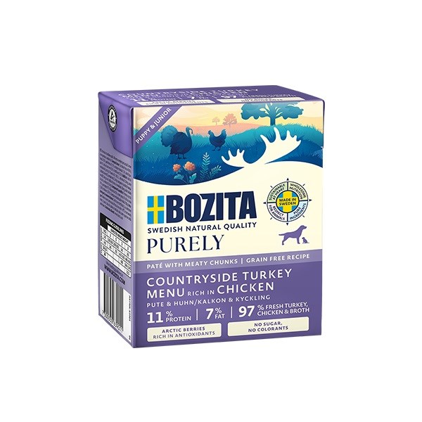 Pasja hrana BOZITA Purely Paté Duoprotein Junior, piščanec in puran, 370g
