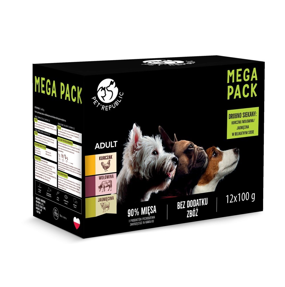PETREPUBLIC Mega Pack Piščanec, Govedina, Jagnjetina - Mokra hrana za pse - 12x100 g