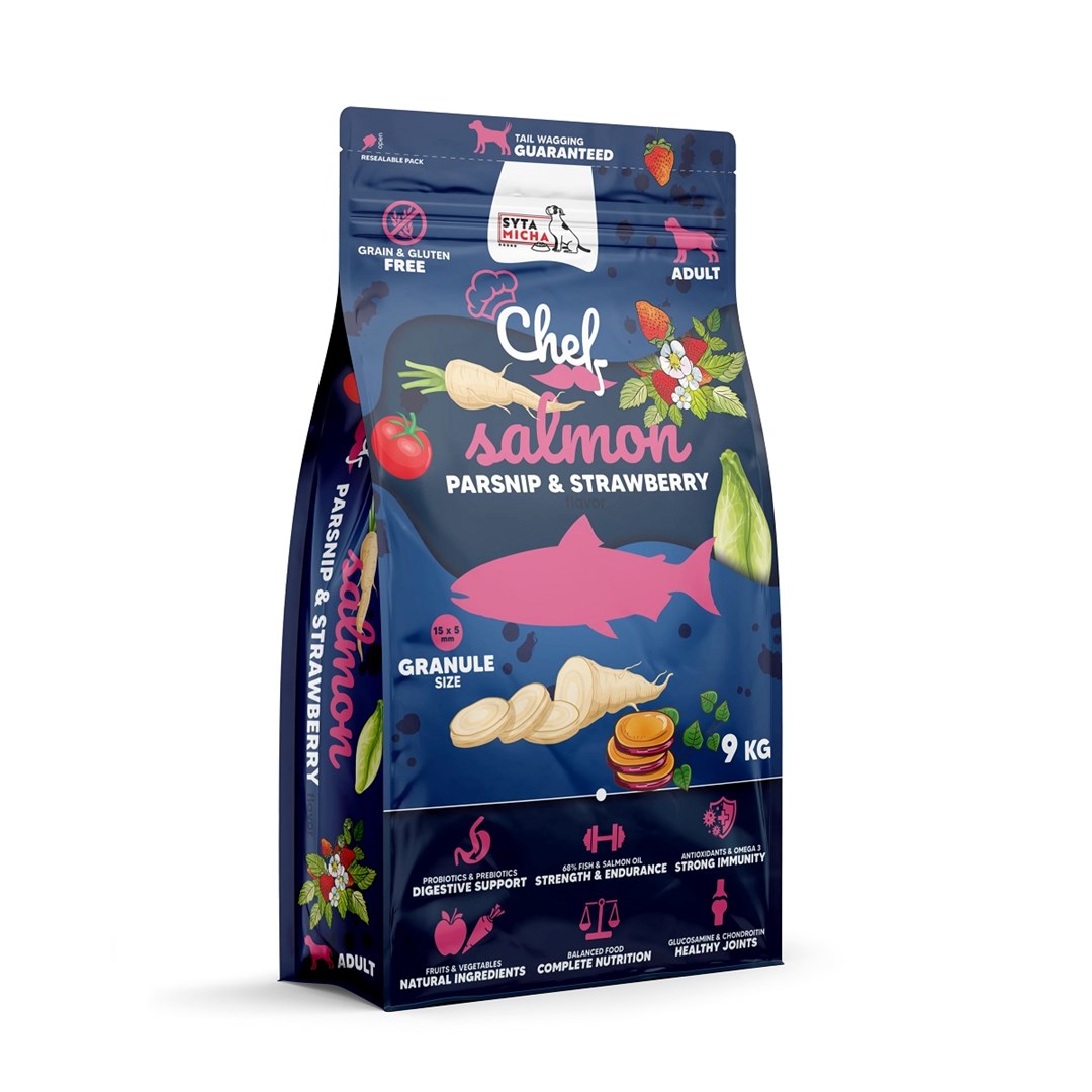 SYTA MICHA Chef Salmon, paradižnik in jagoda – suha pasja hrana – 9 kg