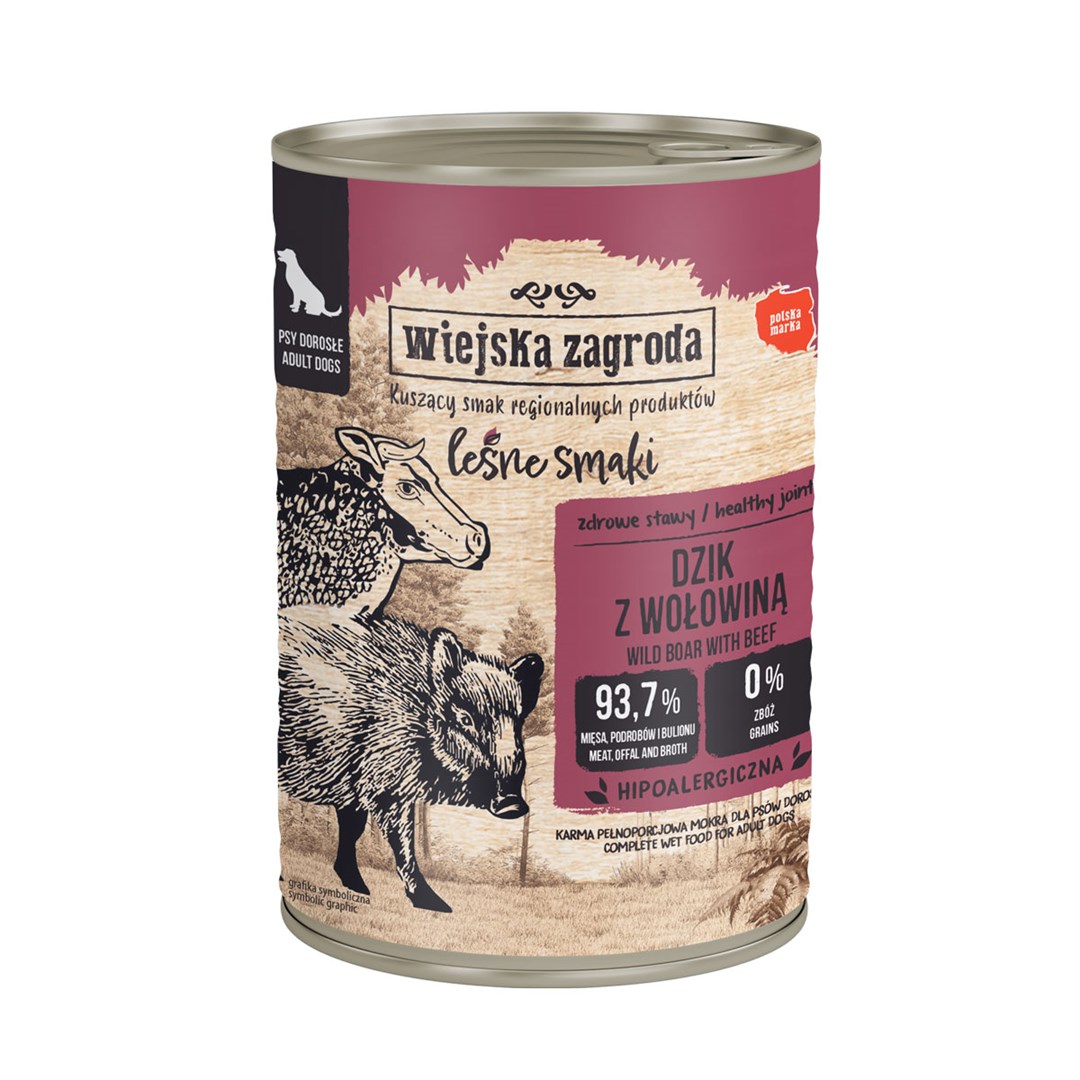 Vlažna hrana za pse WIEJSKA ZAGRODA - divja svinja z govedino, 400g