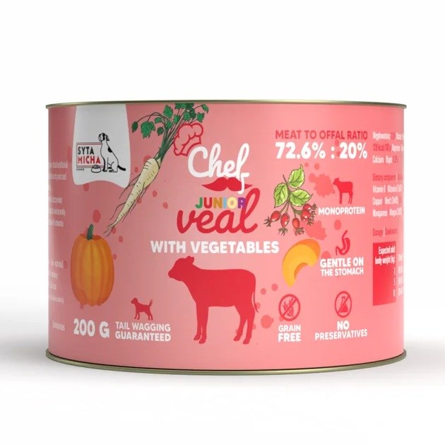 Vlažna pasja hrana SMH SYTA MICHA Chef Junior Teletina z zelenjavo Mono - 200 g