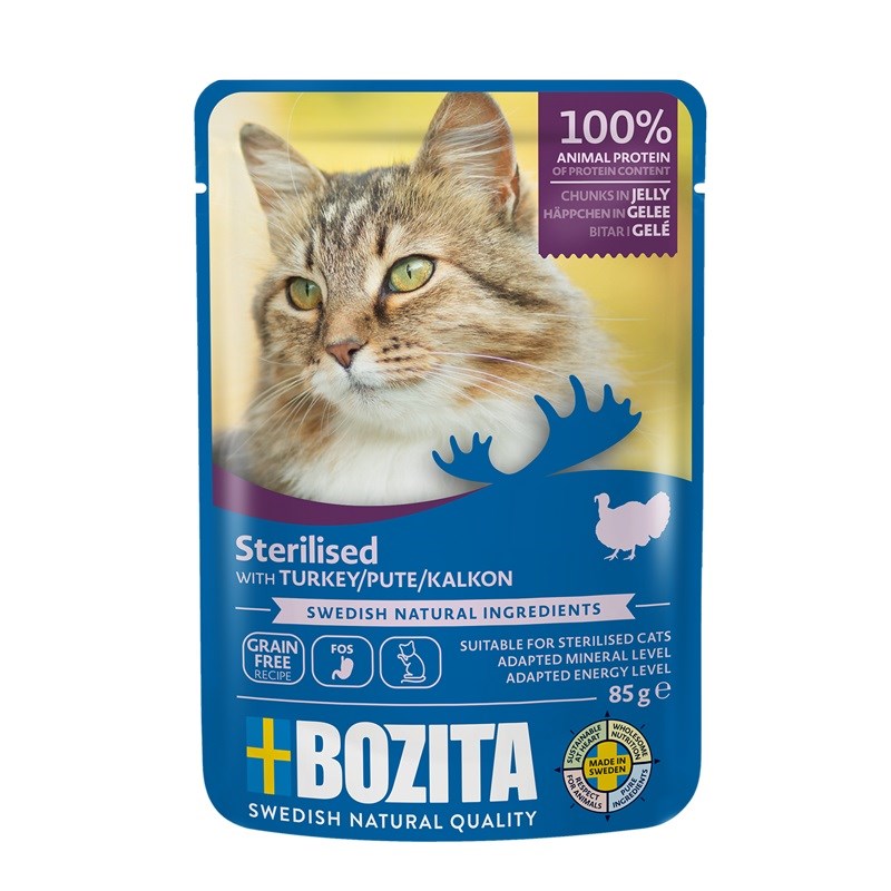 BOZITA sterilizirana s puranom v omaki, mokra hrana za mačke, 85g